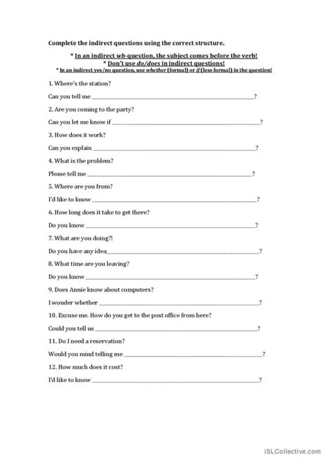 Indirect Questions Practice English Esl Worksheets Pdf And Doc