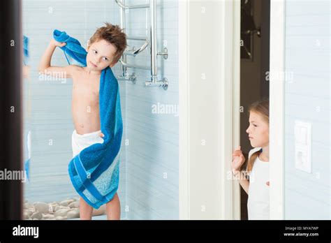 Brother Kid And Sister Girl In Bathroom In Morning Stock Photo Alamy