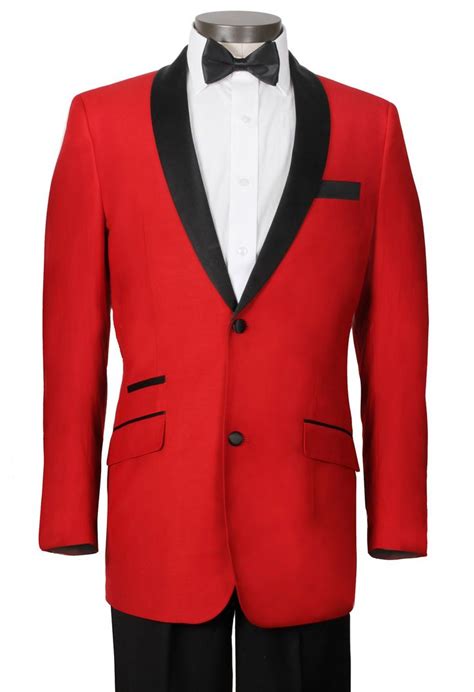 Man Of Honor Red Tuxedo Jacket With Black Shawl Lapel And Black Trousers Contemporary Styling