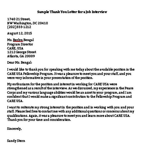 Sample Job Interview Thank You Letter Template Thank You Letter