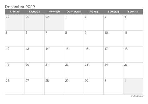 Kalender Dezember 2022 zum Ausdrucken - iKalender.org