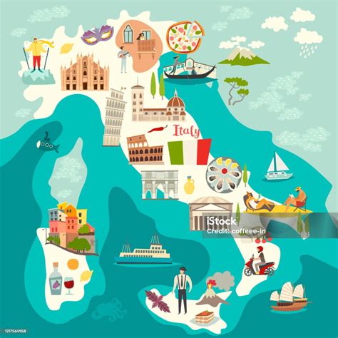 Locandina Italia Mappa Dei Cartoni Animati Del Vettore Della Mappa