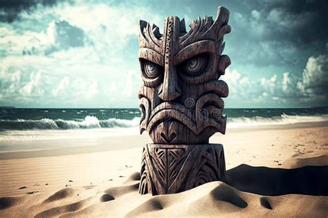 Ancient Idols Totem Tiki Mask On Beach Stock Illustration Illustration Of Island Vintage