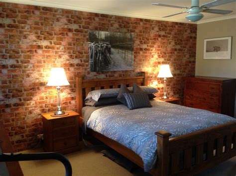 Brick Wallpaper Accent Wall In Bedroom Rustic Bedroom Perth By