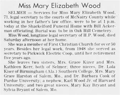 Obituary For Mary Elizabeth Wood Aged 71