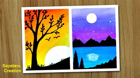 Sunset And Moonlight Painting Easy Scenery Drawing For Beginners With