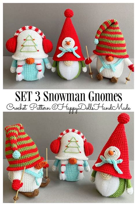 Crocheted Snowman Gnomes Are Shown In Three Different Styles And Sizes
