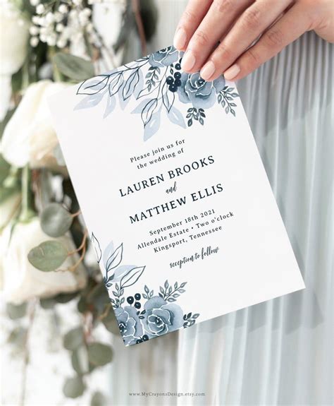 Dusty Blue Wedding Invitations Diy Floral Wedding Invitation Etsy