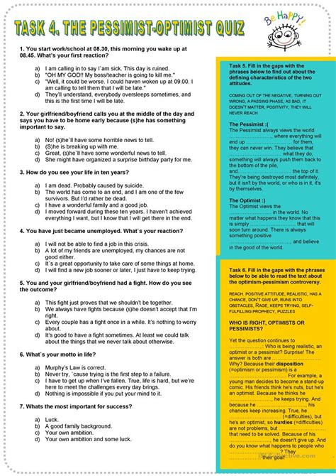 Pessimist Optimist Personality Quiz Worksheet Free Esl