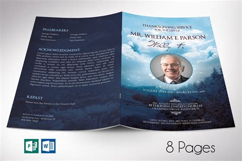 Blue Sky Funeral Program Template For Word And Publisher Print Size