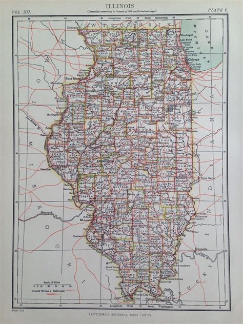 1875 Illinois Original Antique Map Cartography Geography Wall Decor