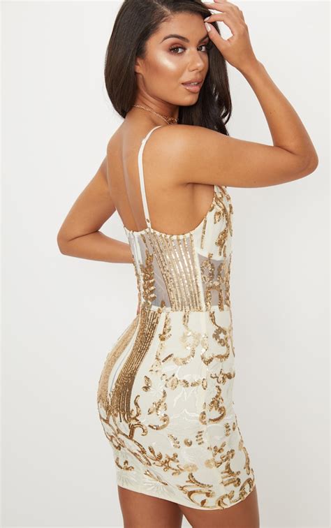 gold sheer strappy panel sequin bodycon dress prettylittlething usa