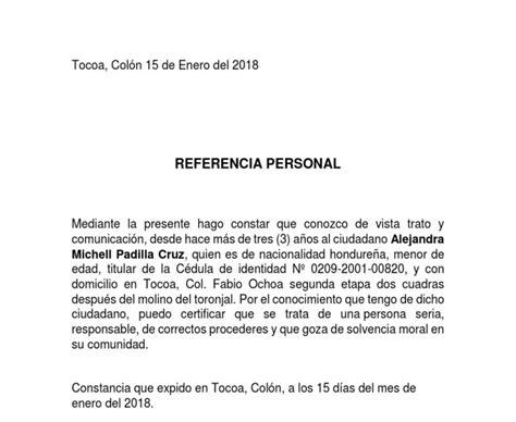Formato Referencia Personal Honduras Richard Culpepper Ejemplo De Carta