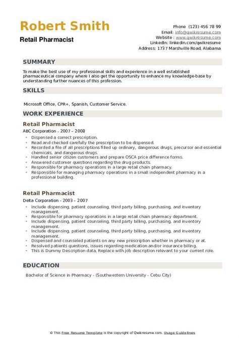 Retail Pharmacist Resume