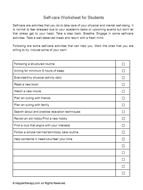 Self Care Worksheet For Students Happiertherapy