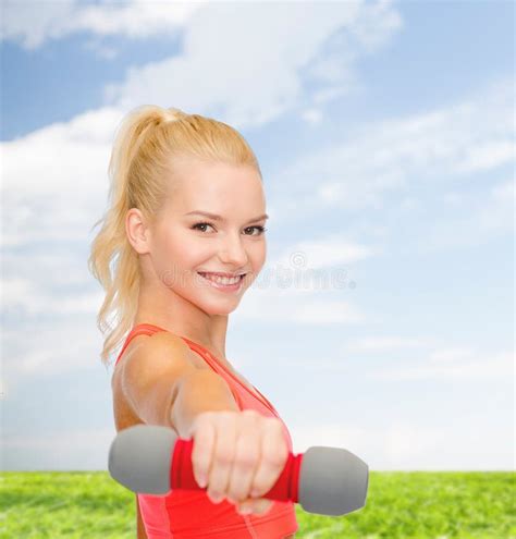 Smiling Beautiful Sporty Woman With Dumbbell Stock Image Image Of