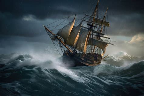 Pirate Ship Sailing Through Stormy Sea With Waves Crashing Against Its