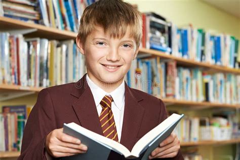 Boy Wearing School Uniform Reading Book Library Stock Photos Free