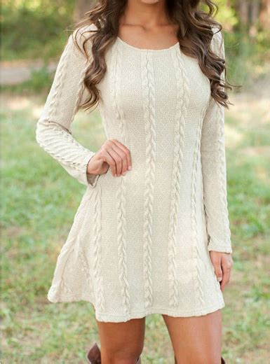 Sweater Short Dress Neutral Tones Long Sleeves Round Neckline