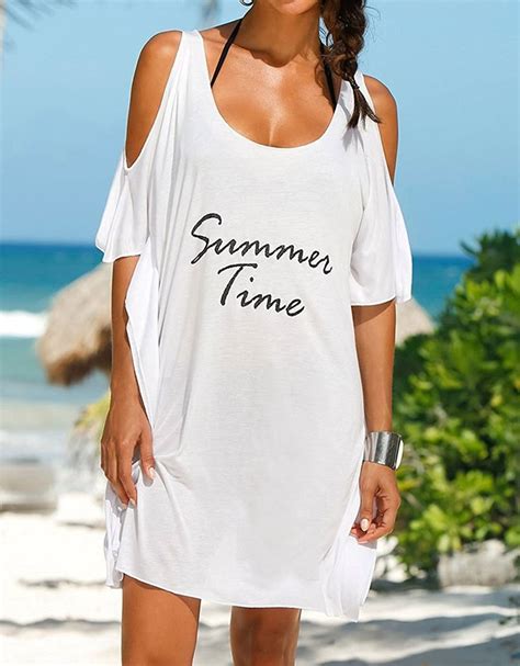 Womens Oversized Cover Up Baggy Summer T Shirt Swimsuit Vocation Beach Dress Summer White