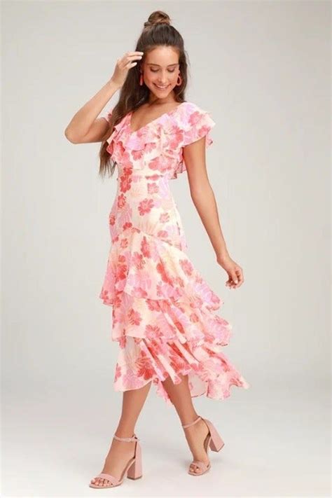 Lulus Alison Pink Dress Floral Ruffle L Midi Ruffle Dress Cute Floral Dresses Chiffon Midi Dress