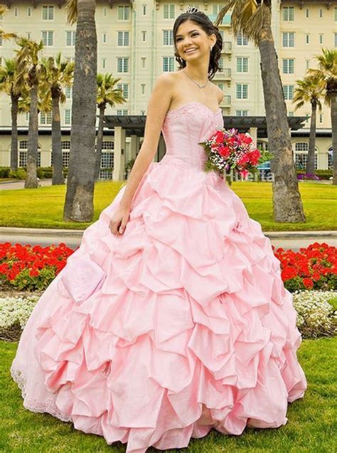 Ball Gown Sweetheart Pearl Pink Tiered Satin Quinceanera Dress With