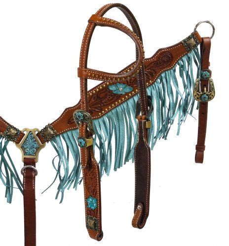 Showman Argentina Cow Leather Turquoise Fringe Headstall And Breast
