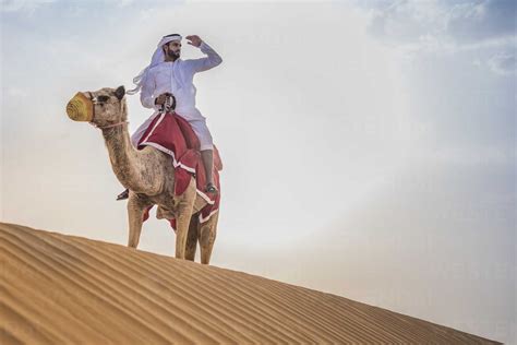 Man Wearing Traditional Middle Eastern Clothes Riding Camel In Desert Dubai United Arab