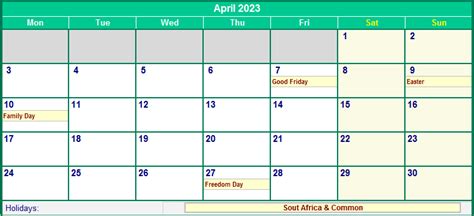 April 2023 South Africa Calendar With Holidays For Printing Image Format