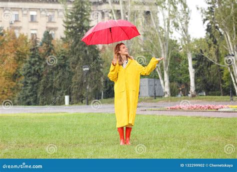 Happy Young Woman With Red Umbrella Stock Photo Image Of Outdoors