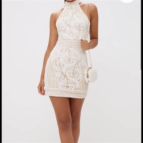 white high neck lace crochet bodycon dress from depop