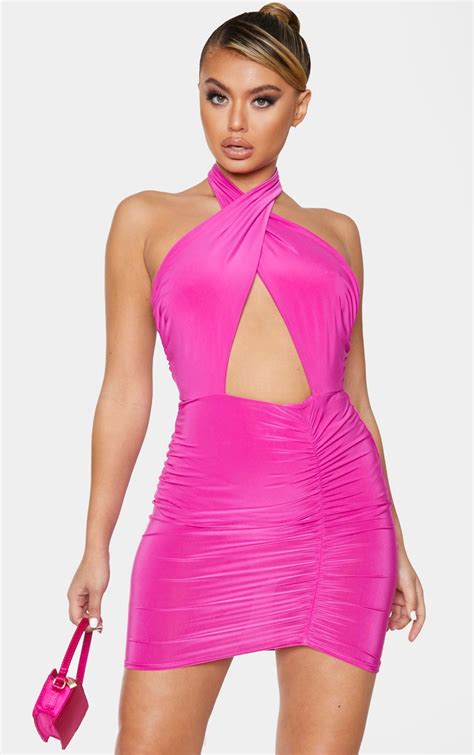 Hot Pink Slinky Halterneck Plunge Ruched Dress Prettylittlething