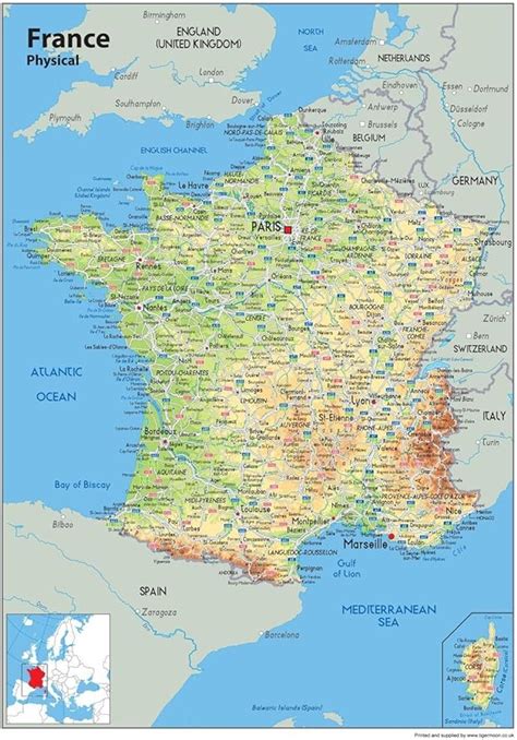 Pared Mapa de Francia Turismo Y Planificación De La Ruta Física