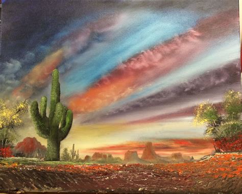 Desert Oil Painting Sunset Arizona Cactus Landscape Sky Desert
