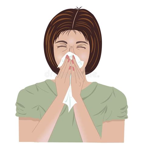 A Young Woman Is Sneezing And Covering Her Nose And Mouth With A