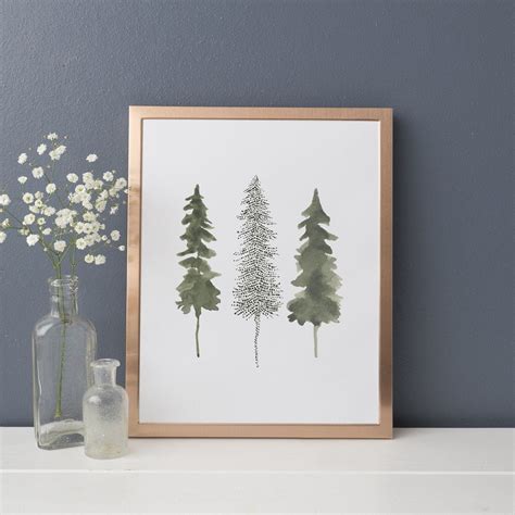 Pine Tree Trio Watercolor Winter Forest Wall Art Print Or Canvas 8x10