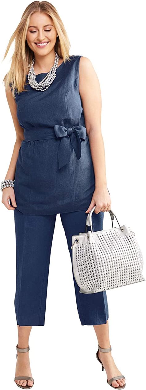 Jessica London Womens Plus Size Linen Blend Capri Set