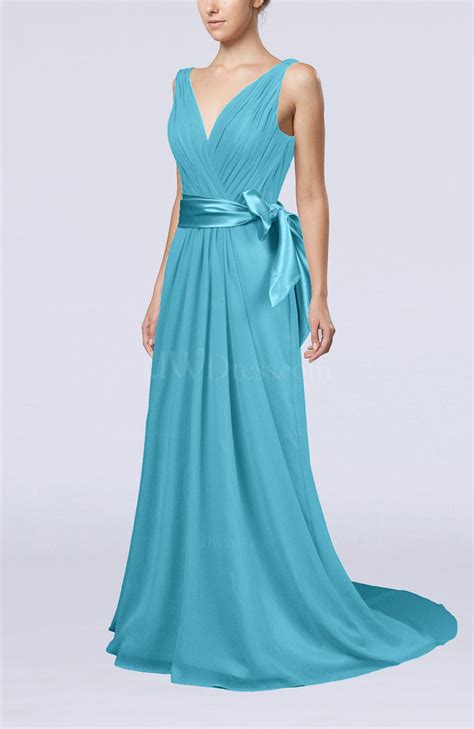 Turquoise Elegant A Line V Neck Sleeveless Chiffon Ruching Bridesmaid