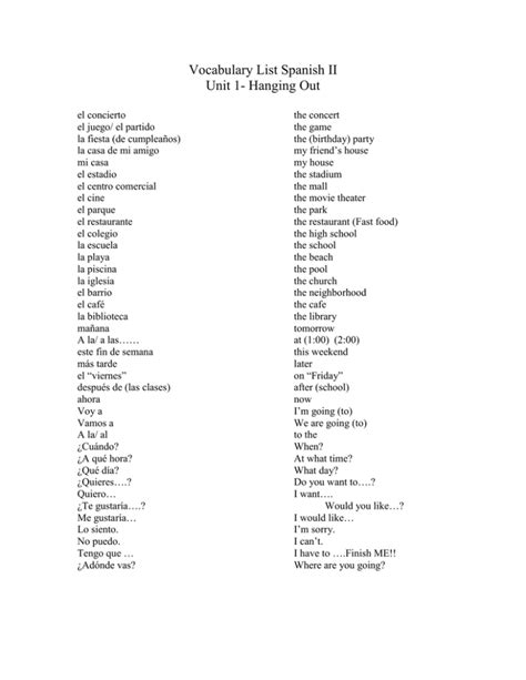 Spanish Word List Printable