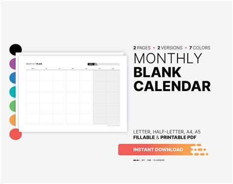 Monthly Blank Calendar Printable Landscape Insert Fillable Work At A