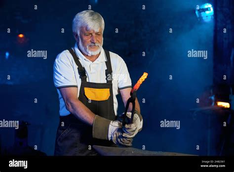 Mature Caucasian Blacksmith In Safety Apron And Gloves Putting Heated