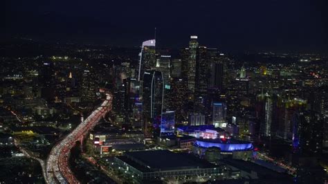 8k Stock Footage Aerial Video Flying Over Staples Center And Oceanwide