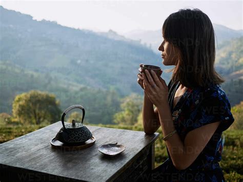 Woman Drinking Tea In Garden Stock Photo