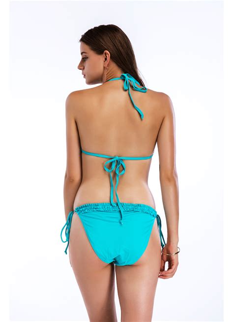 Fold Bandage Triangle Bikini Set Blue Women Pokeek Swimwear And Yogawear Manufacturer