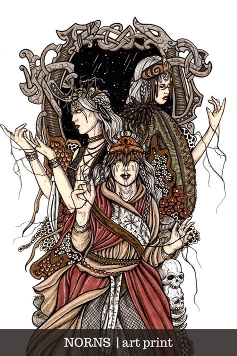 a mesmerizing depiction of the norns urd verdandi and skuld in rich pagan attire they stand