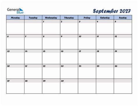 Free September 2027 Monthly Editable Calendar Starting On Monday