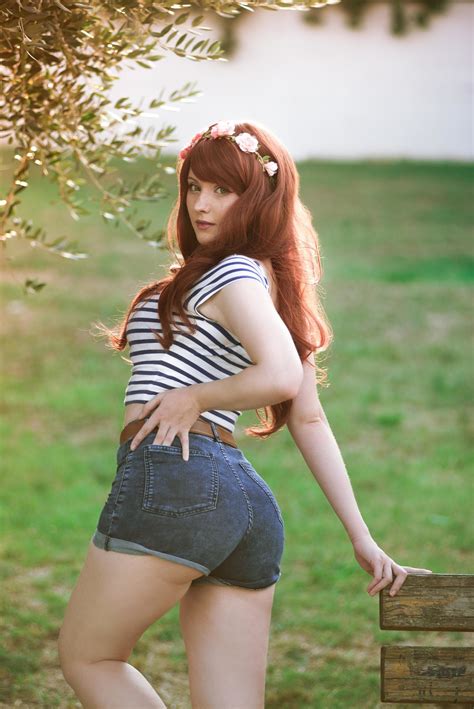 blue snow women model looking at viewer redhead ass striped tops jean shorts flower in