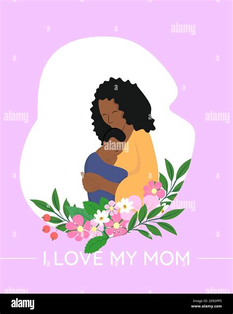 Cute African American Mother Holding Her Cute Baby With Flowers Vector