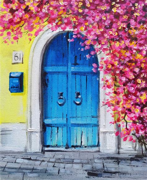 Old Blue Door Acrylic Painting Tutorial Flower Painting Canvas