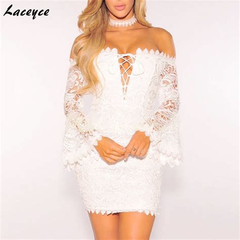 Laceyce 2018 Elegant Summer Dress Chic White Floral Lace V Neck Long Sleeve Party Dress Sexy